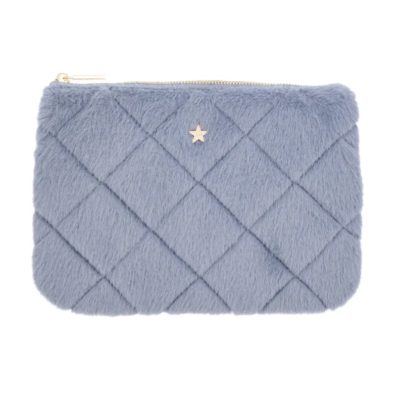 Dark FAUX FUR QUILTED SMALL POUCH COOL BLUE