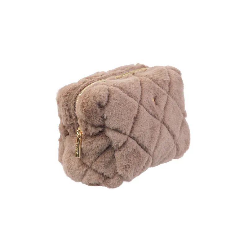 Dark FAUX FUR QUILTED MAKE-UP POUCH SMALL WARM TAUPE
