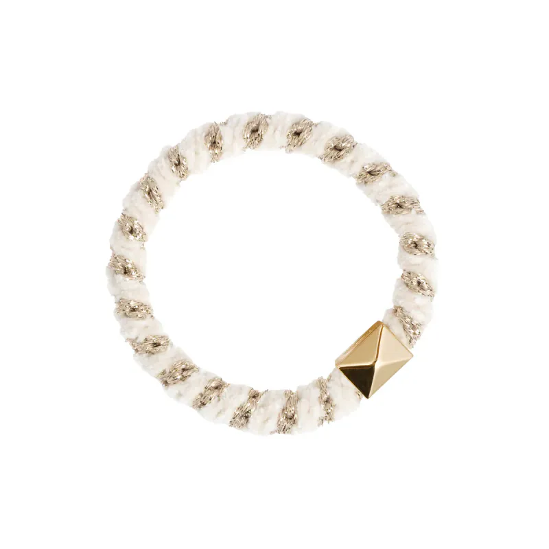 Dark FLUFFY FAT HAIR TIE W/GOLD OFF WHITE STRIPES