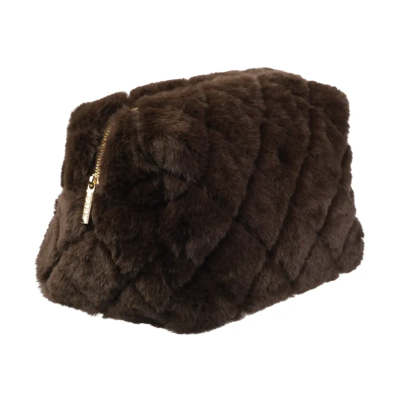 Dark FAUX FUR QUILTED MAKE-UP POUCH LARGE CHOCOLATE BROWN