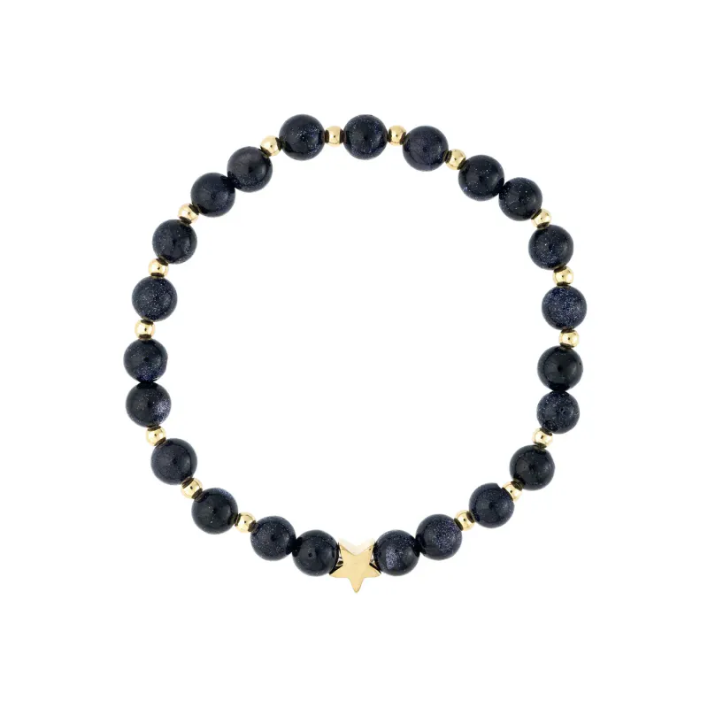 Dark STONE BEAD BRACELET 6 MM W/GOLD BEADS NAVY BLUE
