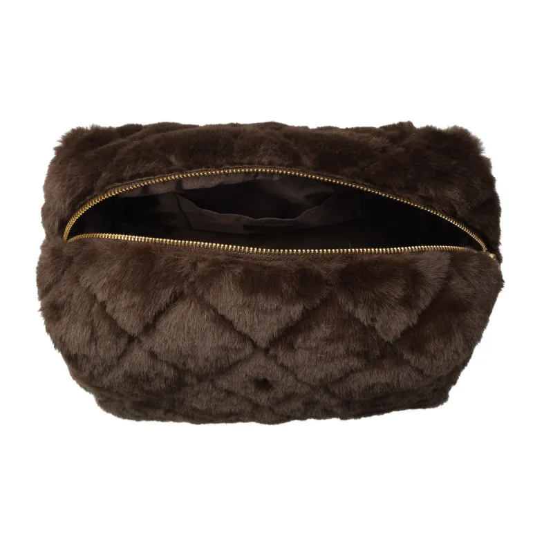 Dark FAUX FUR QUILTED MAKE-UP POUCH LARGE CHOCOLATE BROWN